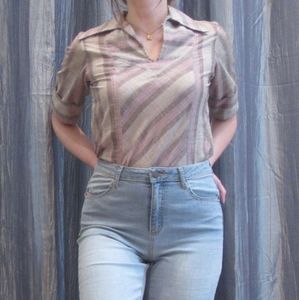Vintage Multicolor Stripe V-neck Collar Woven Top